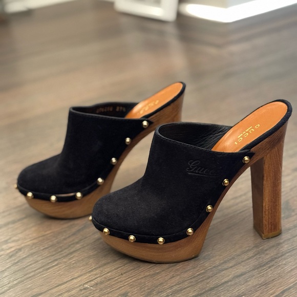 Gucci Black Suede Mules with Gold Accents - Picture 3 of 6